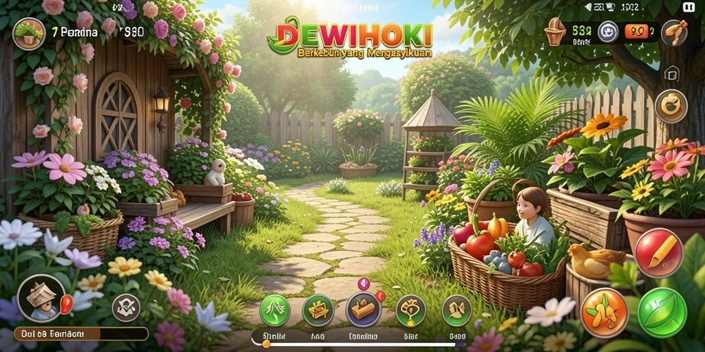 Tangkapan layar gameplay DEWIHOKI yang menunjukkan lahan pertanian yang subur.
