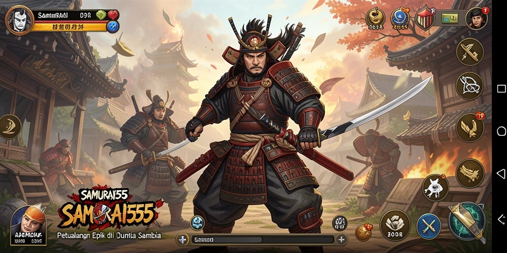 Tangkapan layar gameplay SAMURAI555 menampilkan aksi samurai yang seru.